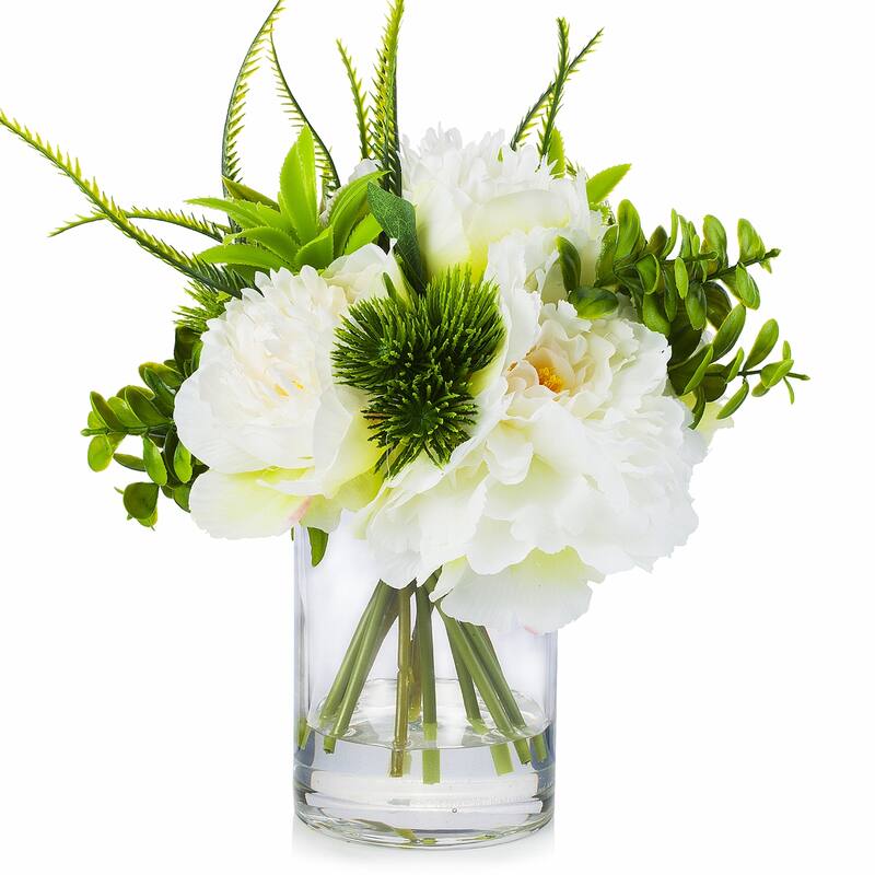 Enova Home Mixed Artificial Silk Cream Peony and Greenery Faux Flowers Arrangement in Cylinder Glass Vase with Faux Water - Cream