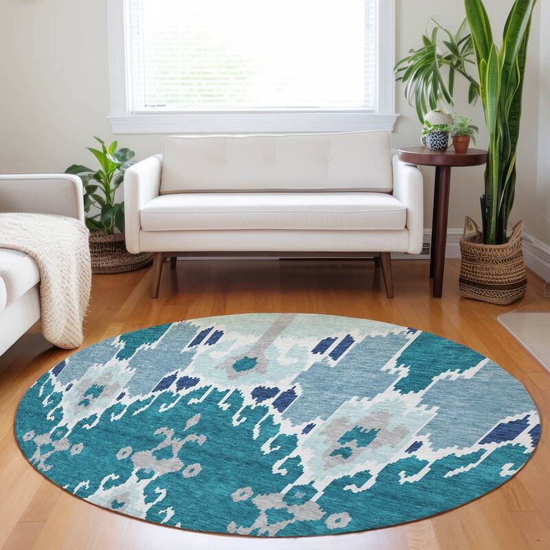 Premium Washable Super Soft Boho Ikat Mayfield Rug - Teal - 8' x 8' - Round