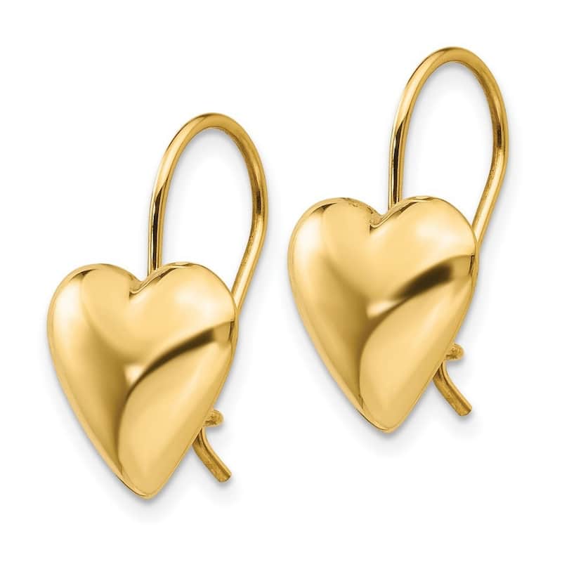 Curata 14k Yellow Gold Polished 11.5mm Puffed Love Heart Kidney Wire Earrings