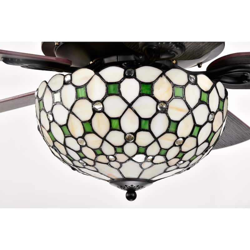 Guarvey 52-Inch Flushmount Two-Tiered Lighted Ceiling Fan Ivory Tiffany Glass Lamp Black Finish
