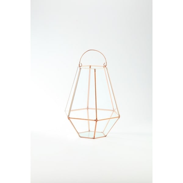 12" Rose Gold Colored Geometric Handblown Glass Terrarium with Hinged Ring - N/A