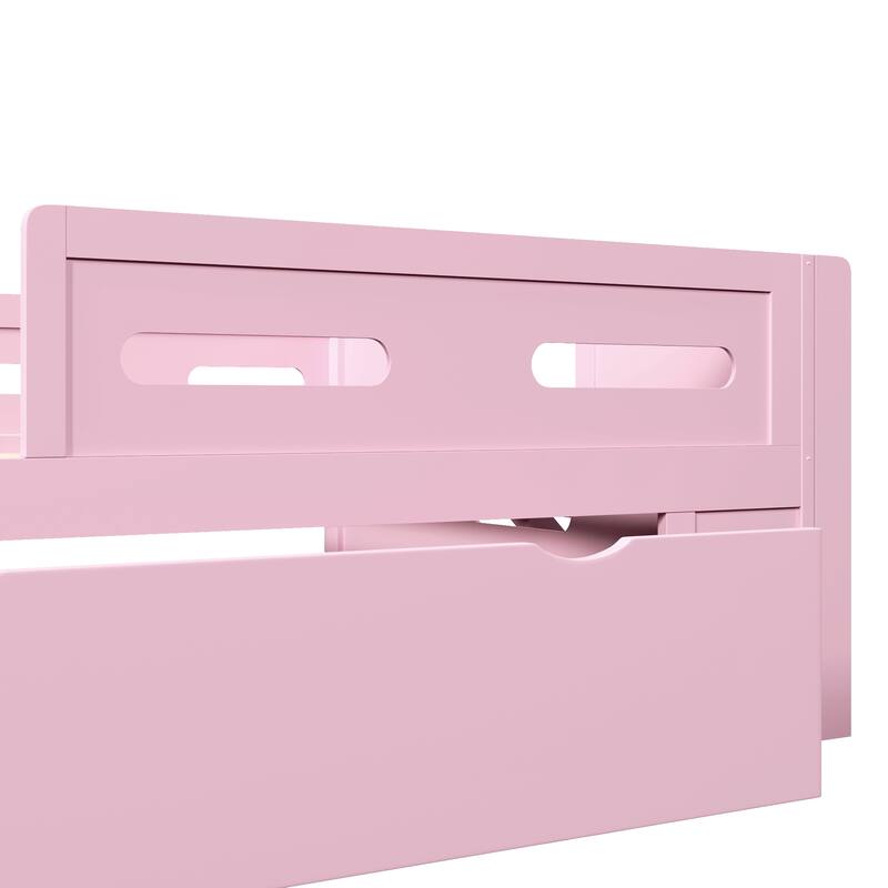 Kids Low Loft Bed with Stairs, Large Drawer and Guardrail, Semi-Enclosed Fence Platform Toddler Bed, Wooden Storage Daybed