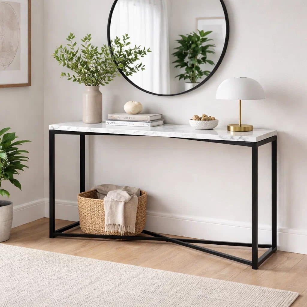 Agnew 50 Inch Console Table, White Marble Top, Tubular Black Steel Base