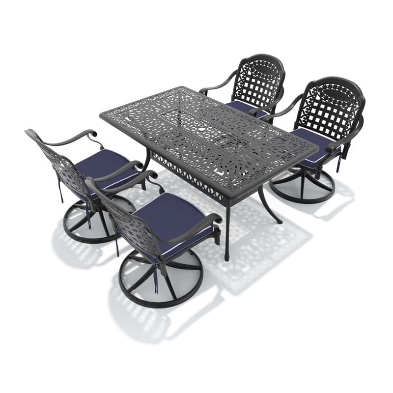 5-Piece Aluminum Rectangular Outdoor Patio Dining Set, 4 Cushioned Swivel Chairs, Table, All-Weather Frames