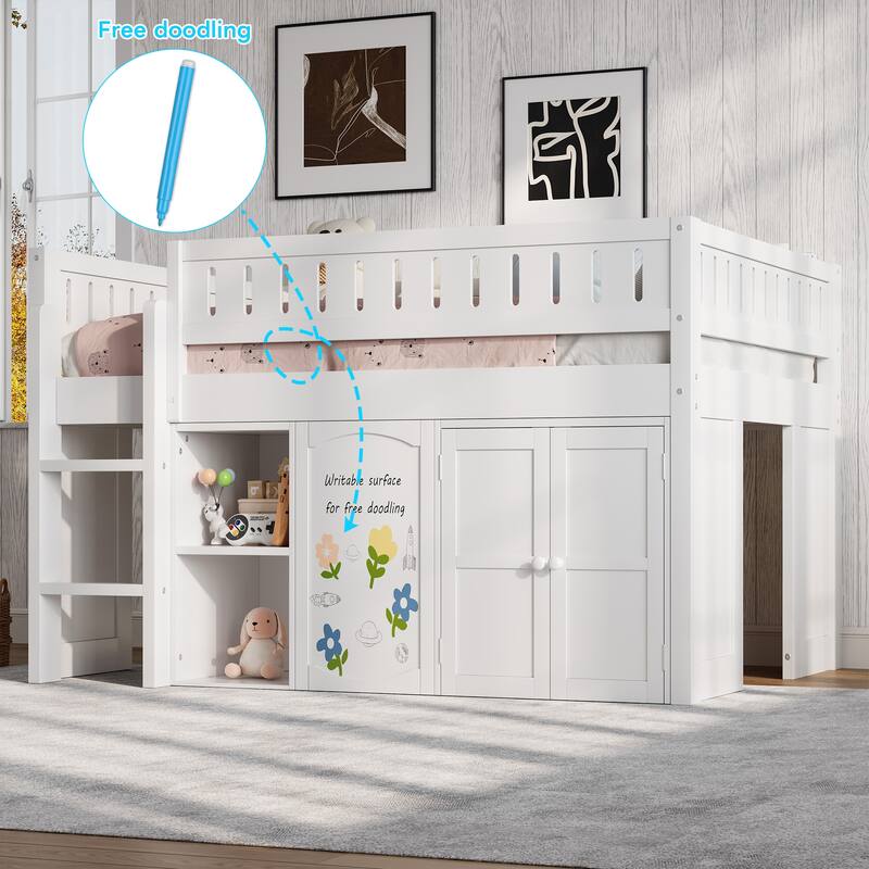 Roomfitters Full Size Loft Bed with Storage Cabinet, Open Shelves and Chalkboard Panel