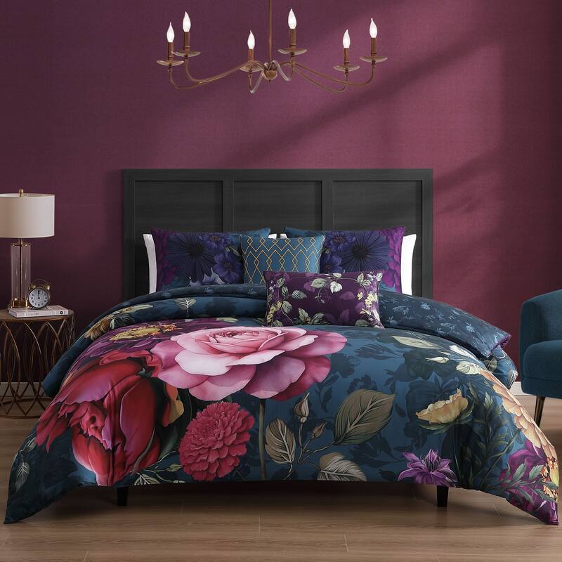 Bebejan Vibrant Flora 100% Cotton Sateen 5 Piece Reversible Comforter Set