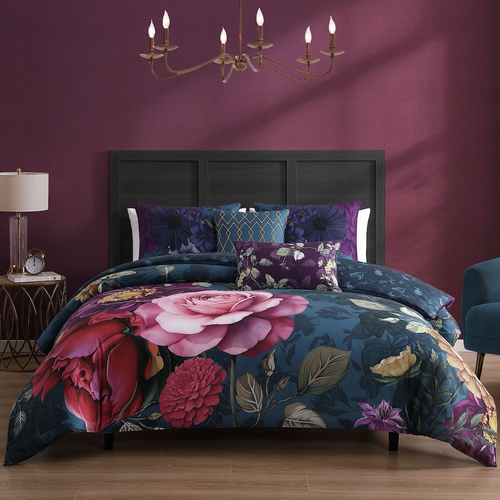 Bebejan Vibrant Flora 100% Cotton Sateen 5 Piece Reversible Comforter Set