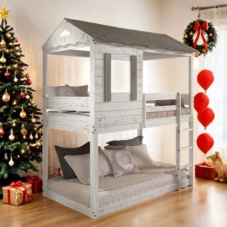 Kid Bed Frame Wooden Twin Over Twin Bunk Bed with Built-in Ladder