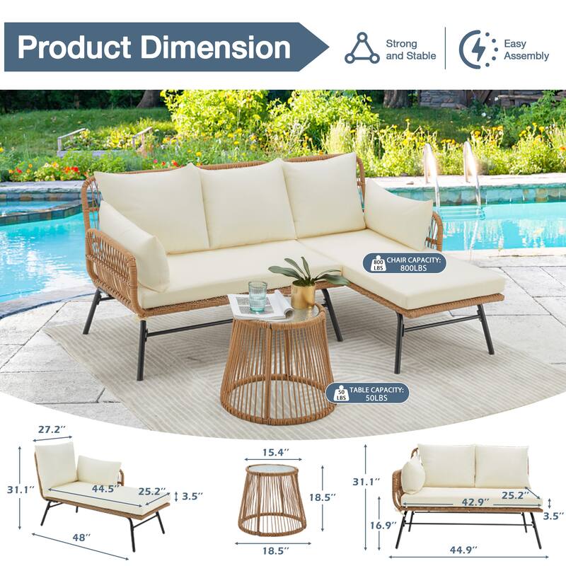 Sectional Wicker Conversation Sofa Set, 3 Piece Patio Furniture Set with Thick Cushions and Toughened Glass Coffee Table