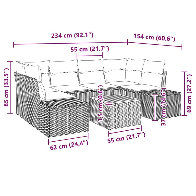 vidaXL 7 Garden Sofa Set with Cushions Black/Grey Poly Rattan - 92.1 x 60.6 x 27.2