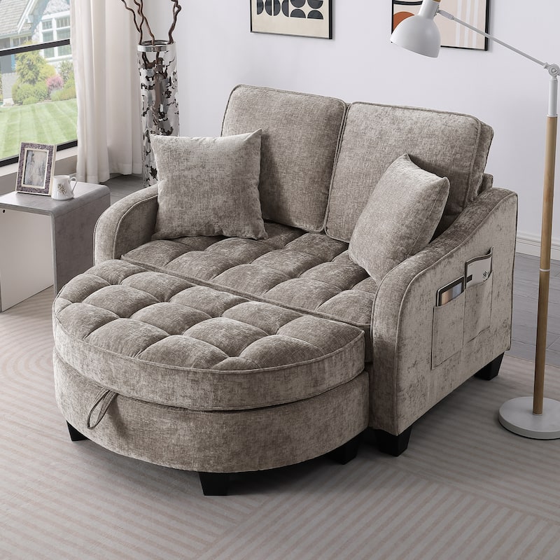 Roomfitters Two-Seater Sofa Chaise with Storage Ottoman, Irregular Armrests and Backrest, Upholstered Sofa with Pillows