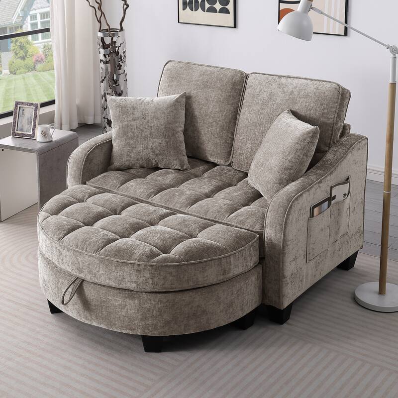 Two-Seater Chaise Lounge with Storage Footrest and Pillows, Irregular Armrest Design - Brown