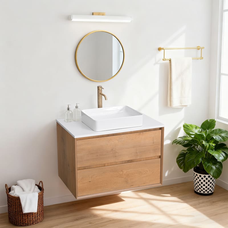 Sylphar 36 inch Toffee Oak Floating Bathroom Vanity with White Quartz Top