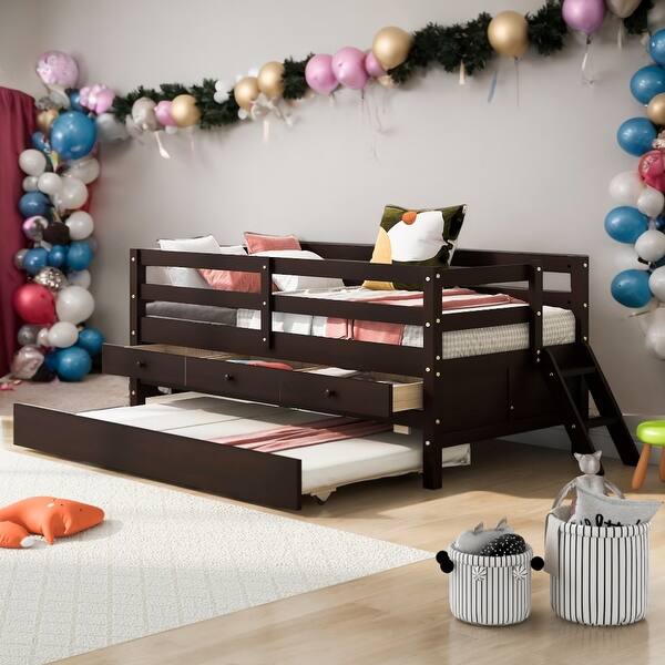 slide 2 of 9, Twin Size Low Loft Bed With Ladder,Storage Drawers and Trundle for Home Espresso