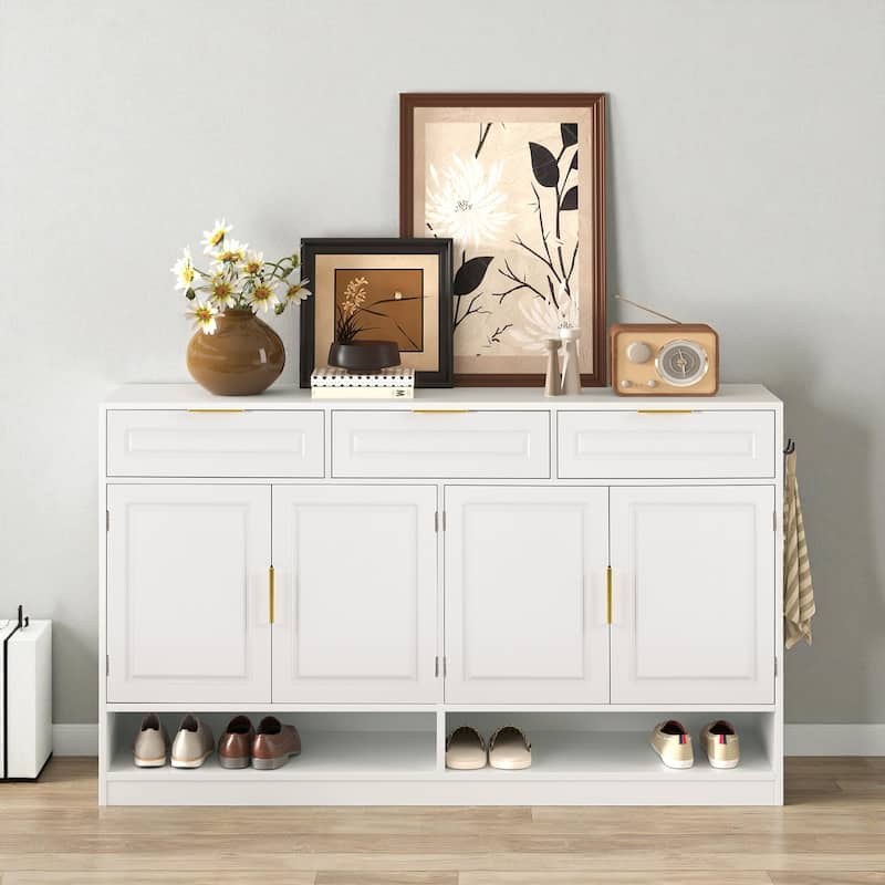 59.1" Farmhouse Sideboard Buffet with 3 Drawers, 4 Doors, Adjustable Shelf & Open Storage Compartments - White