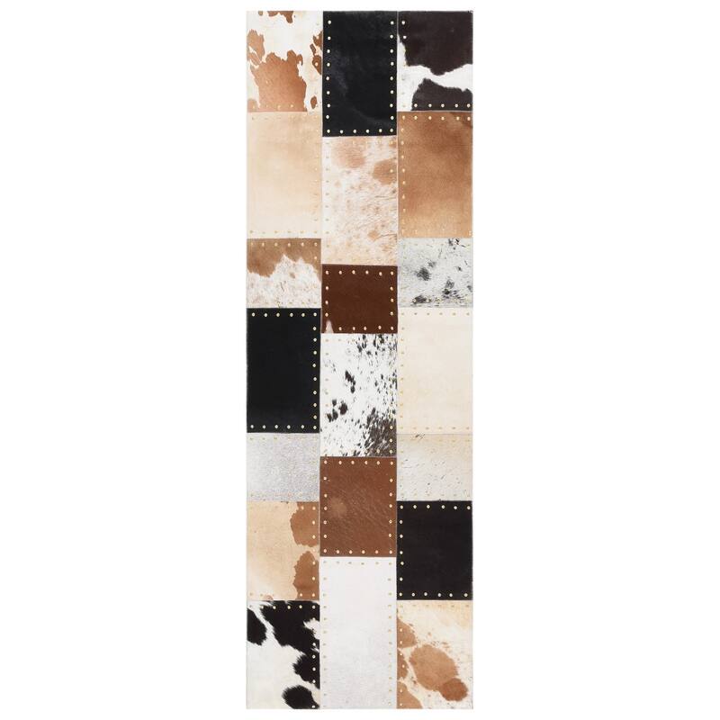 SAFAVIEH Handmade Studio Leather Jamila Modern Patchwork Rug - 2'3" x 7' Runner - Brown/Ivory