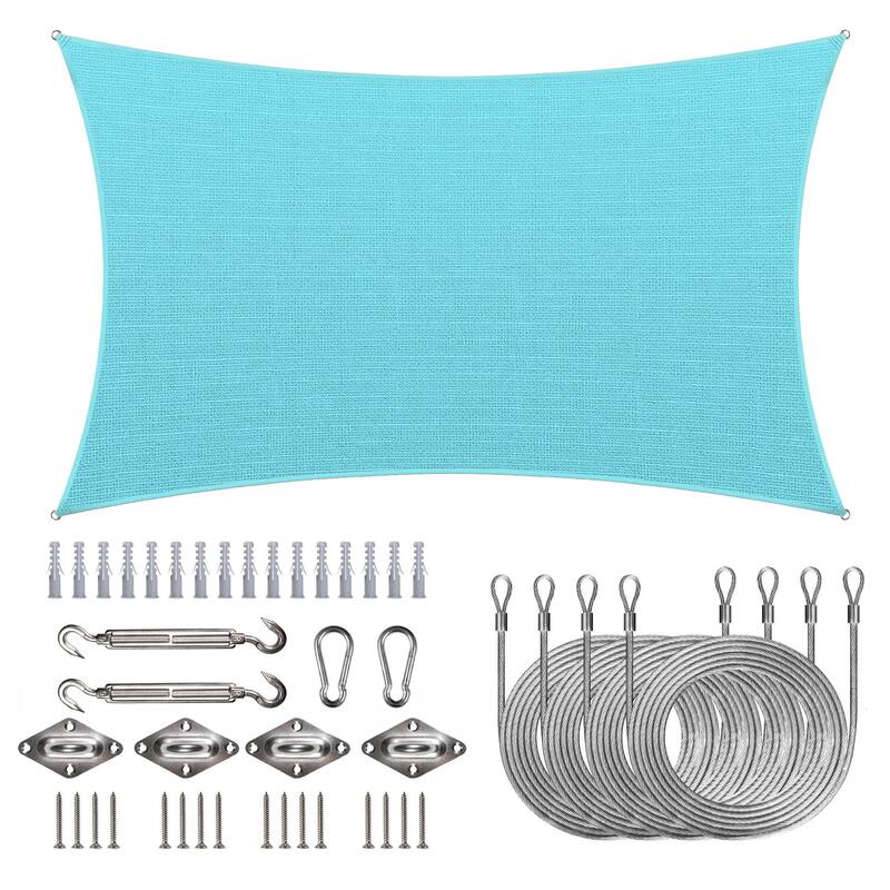 ColourTreeUSA Rectangle Sun Shade Sail with Hardware Kit + Cable Ropes HDPE Mesh Fabric Screen Canopy UV Block 190 GSM - 8' x 12' - Turquoise