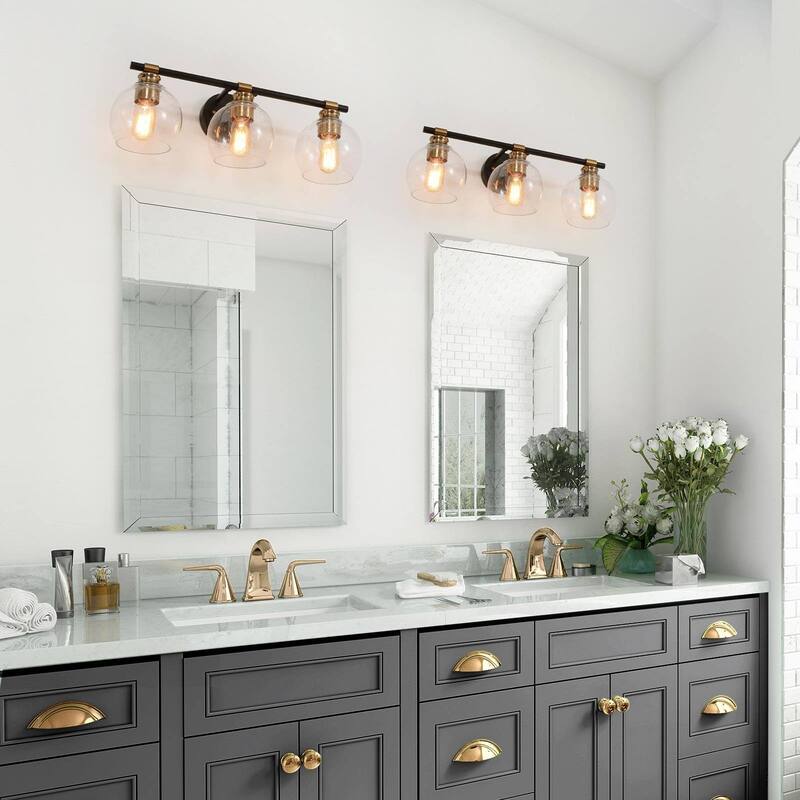 Modern 2/3-Light Black Gold Bathroom Vanity Light Dimmable Globe Seeded Glass Wall Sconces