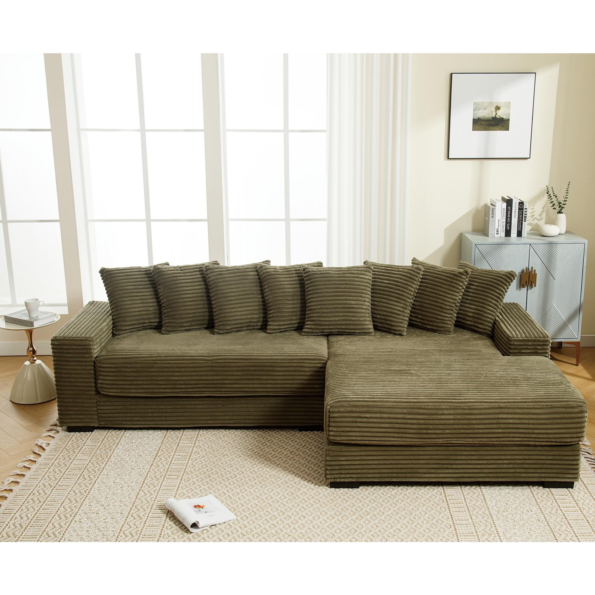 【おまけ付】 111''W Corduroy L Shaped Sofa with 8 Pillows - Bed Bath パンツ