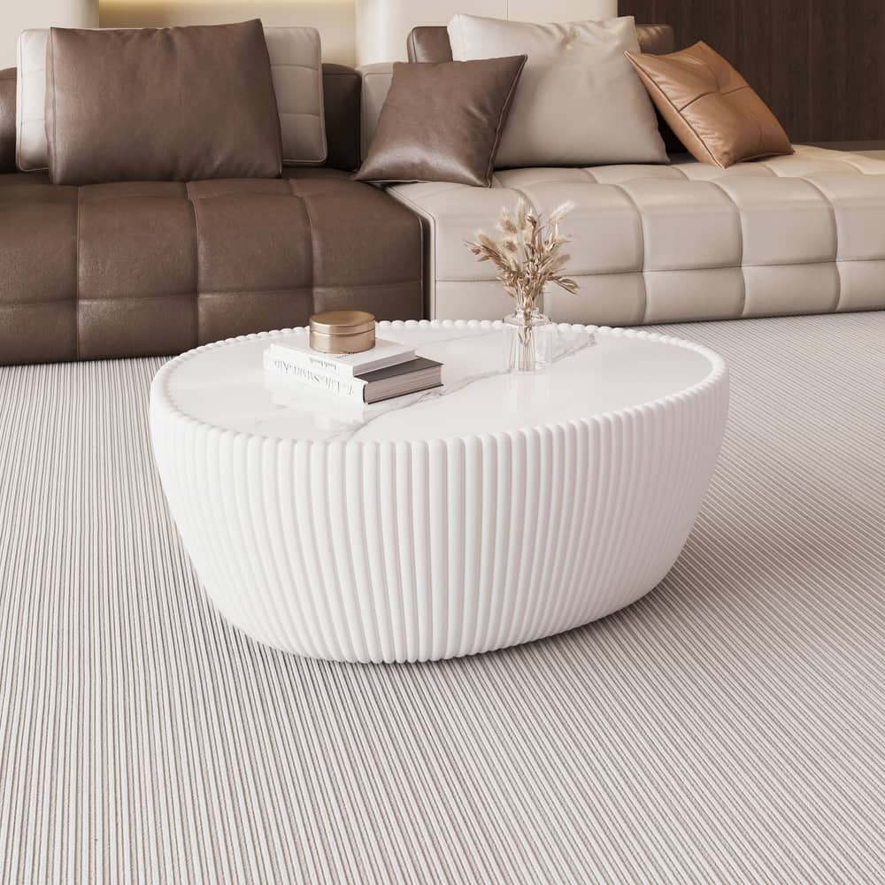 Goose Egg-Shaped Marble & Leather Coffee Table Accent Table, Side Table Sofa Table Bedside Table, No Assembly Required