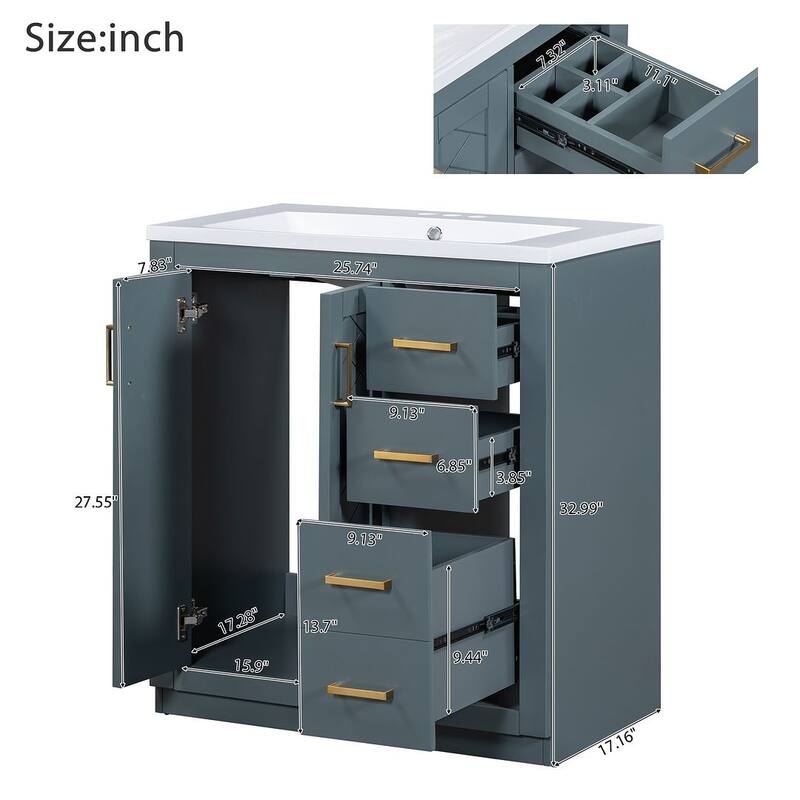 30'' Modern Freestanding Bathroom Vanity with Top Sink , Solid Wood Frame