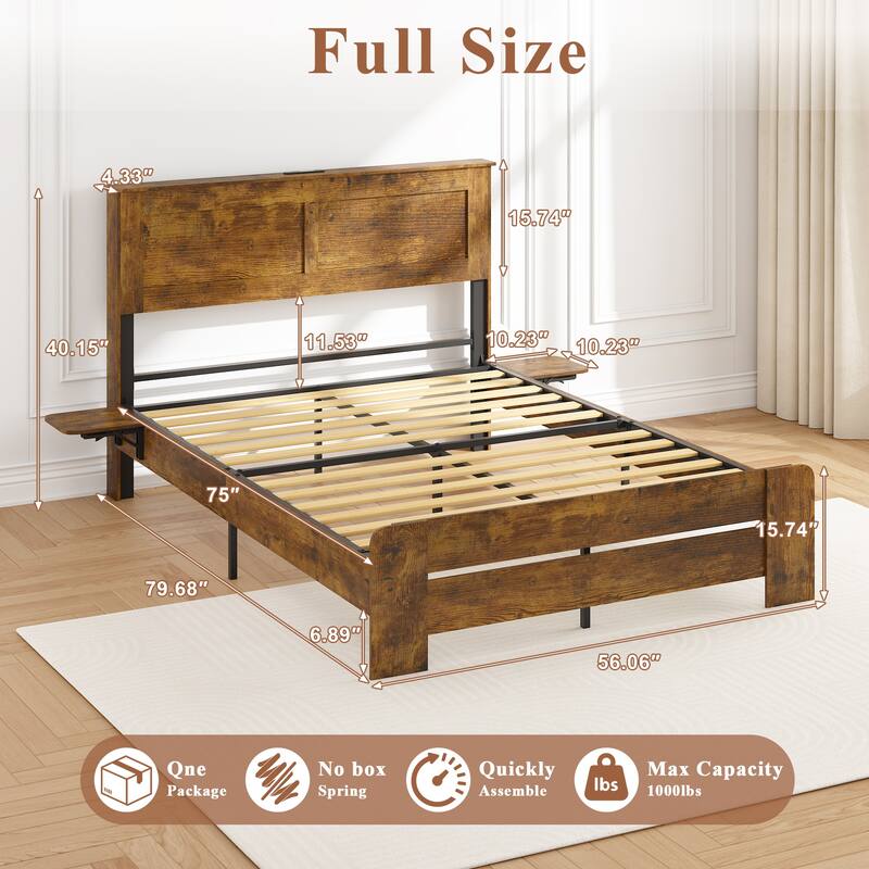 Bed Frame with Headboard LED Lights Side Tables and Underbed Storage