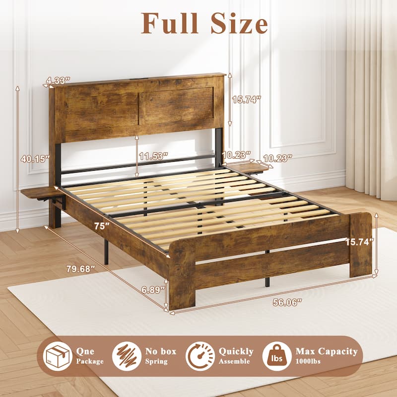 Wooden Platform Bed Industrial Bed Frame with Headboard/Small Night Light/Foldable Side Tables/Charging Station/Antique Natural