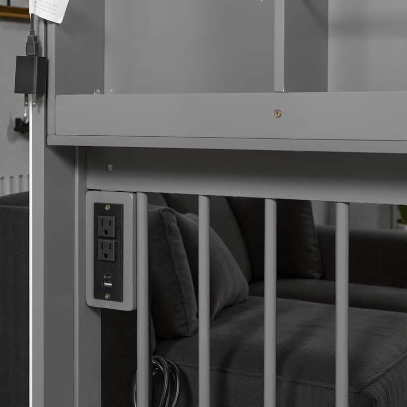 Full Size Kids House Bed with 2 Storage Drawers, Side Bookshelf with LED Strip, Guardrails and Charging Station