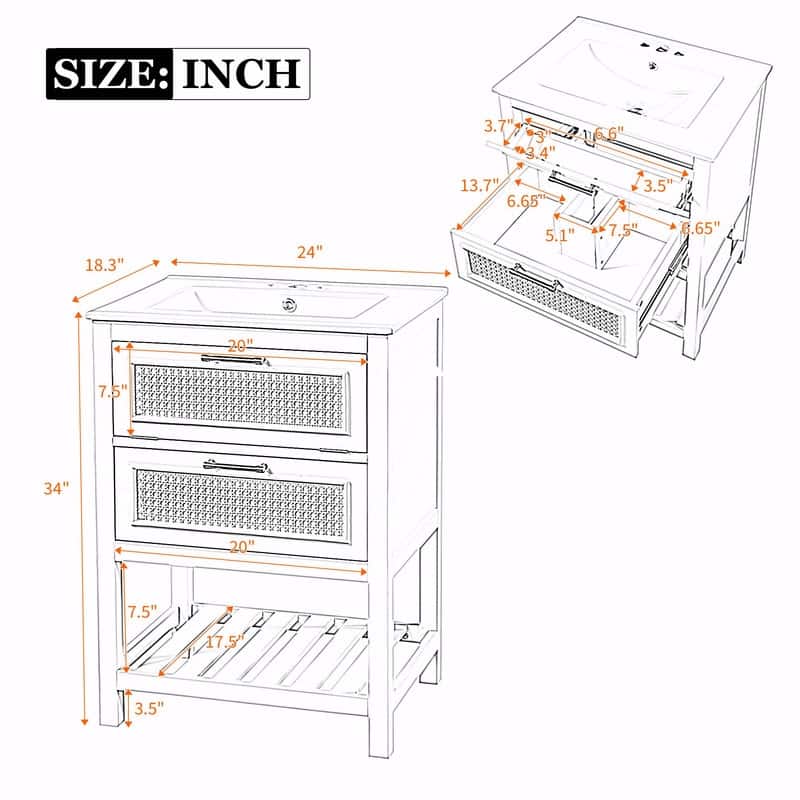 24" Bathroom Vanity with Integrated Ceramic Sink, Cabinet with Deep Drawer & Tip-Out Drawer