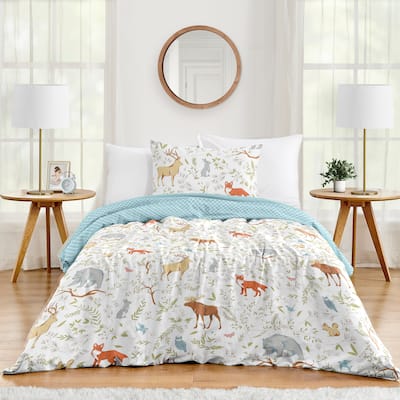Woodland Animal Toile Collection Boy or Girl 2-piece Twin-size Comforter Set - Grey Green Brown Bear Deer Fox Forest Animals