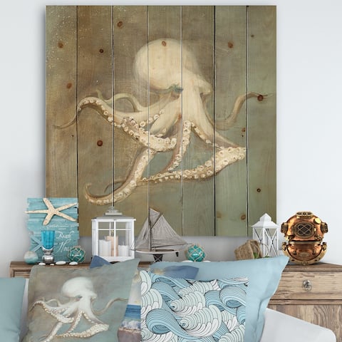 Designart 'Octopus Treasures from the Sea' Nautical & Coastal Print on Natural Pine Wood - Blue