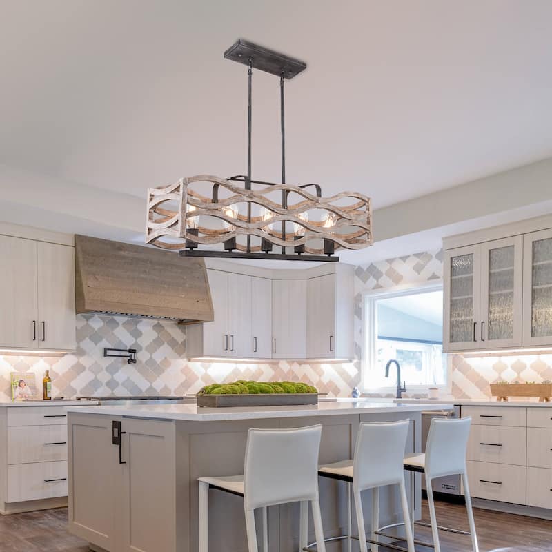 CurveCurio Rustic Wood Chandelier, 5 Lights, White Distressed Fixture for Bedroom and Living Room