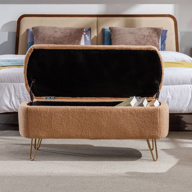 Modern Faux Fur Storage Bench with Gold Legs, Upholstered Ottoman for Living Room and Bedroom