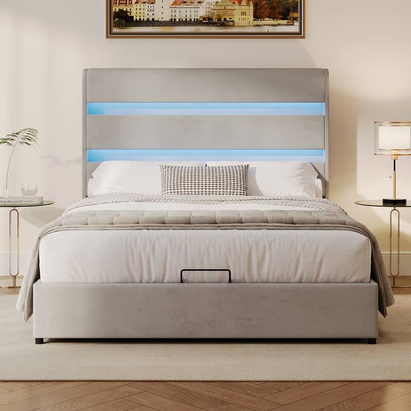 LED Storage Bed with Velvet Upholstery Headboard & Footboard, Grey Full