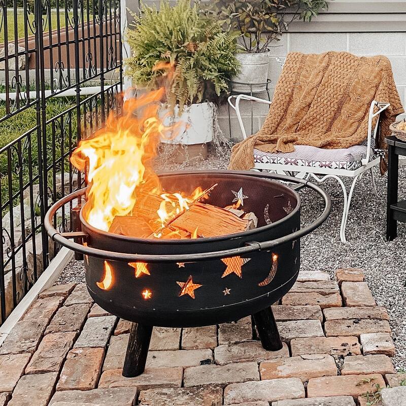 30" 2-In-1 Moon & Star Pattern Patio Fire Pit with Grilling Grid - Black - Wood
