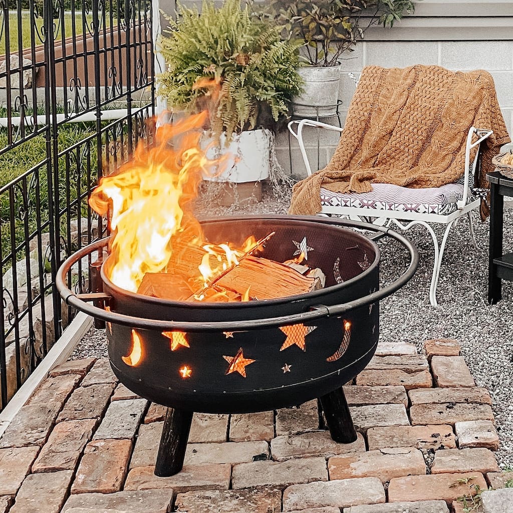 30" 2-In-1 Moon & Star Pattern Patio Fire Pit with Grilling Grid