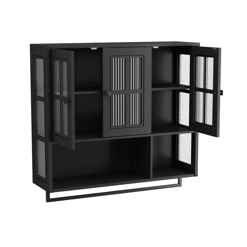 3-Door Bathroom Wall Cabinet with Glass Door, Towel Bar & Storage