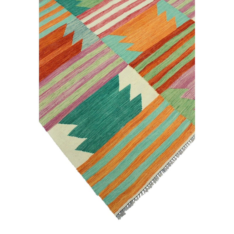 Modern Flatweave Carnell Green/Rust Rug - 5'5" x 8'2"