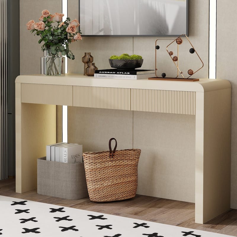 Console Table with 3 Fluted Drawers - Solid Wood Veneer Entryway Table Featuring Natural Wood Grain for Living Room, Hallway