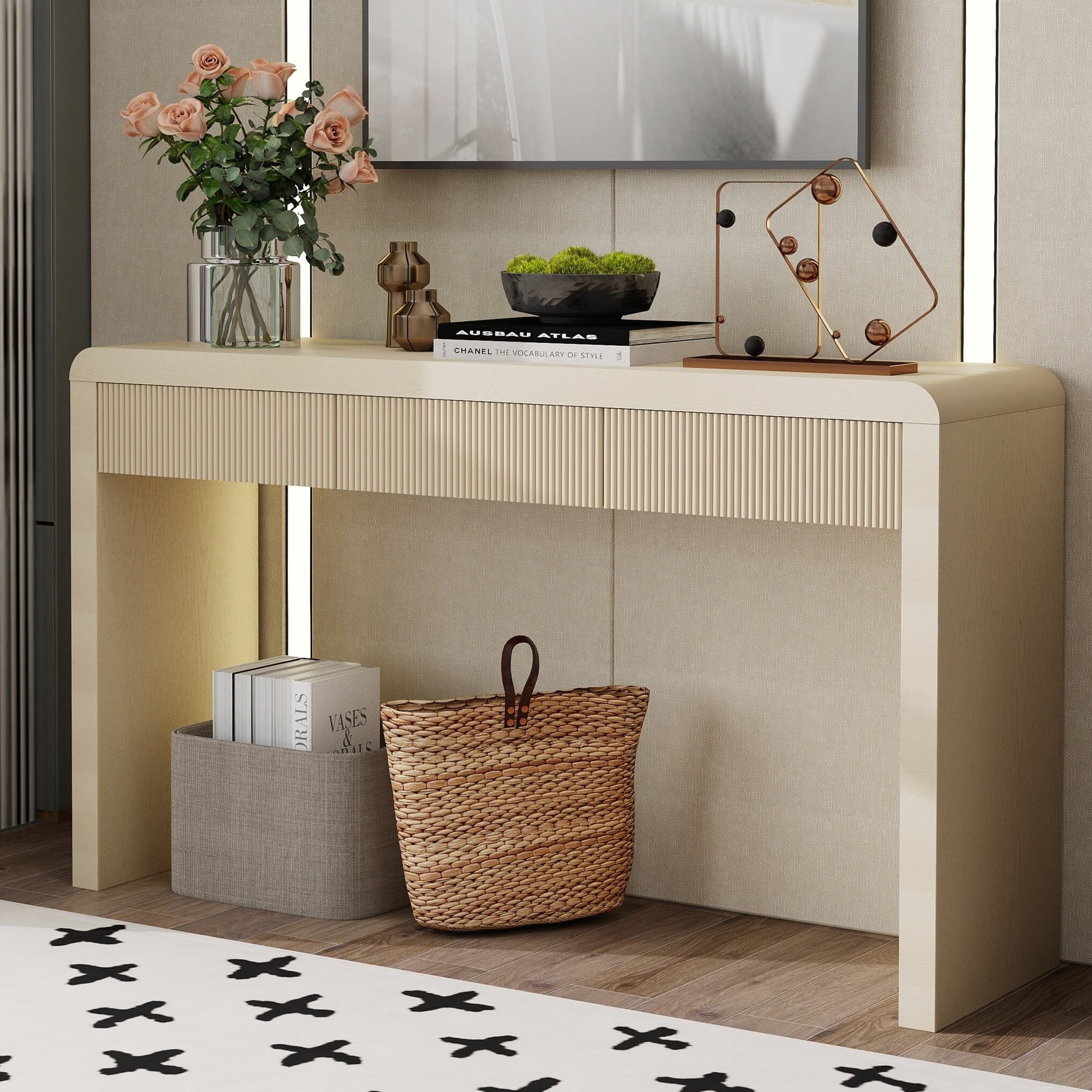 Console Table with 3 Fluted Drawers - Solid Wood Veneer Entryway Table Featuring Natural Wood Grain for Living Room, Hallway