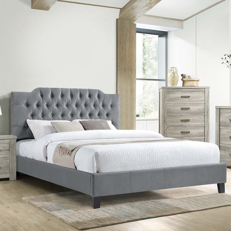 Modern Gray Velvet Full Size Bed with Tufted Headboard