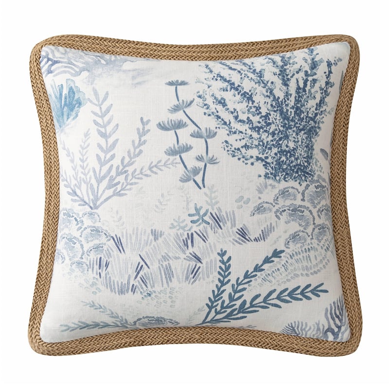 HiEnd Accents Oceania Blue Coastal Paradise Jute Trim Square Pillow, 20" x 20"