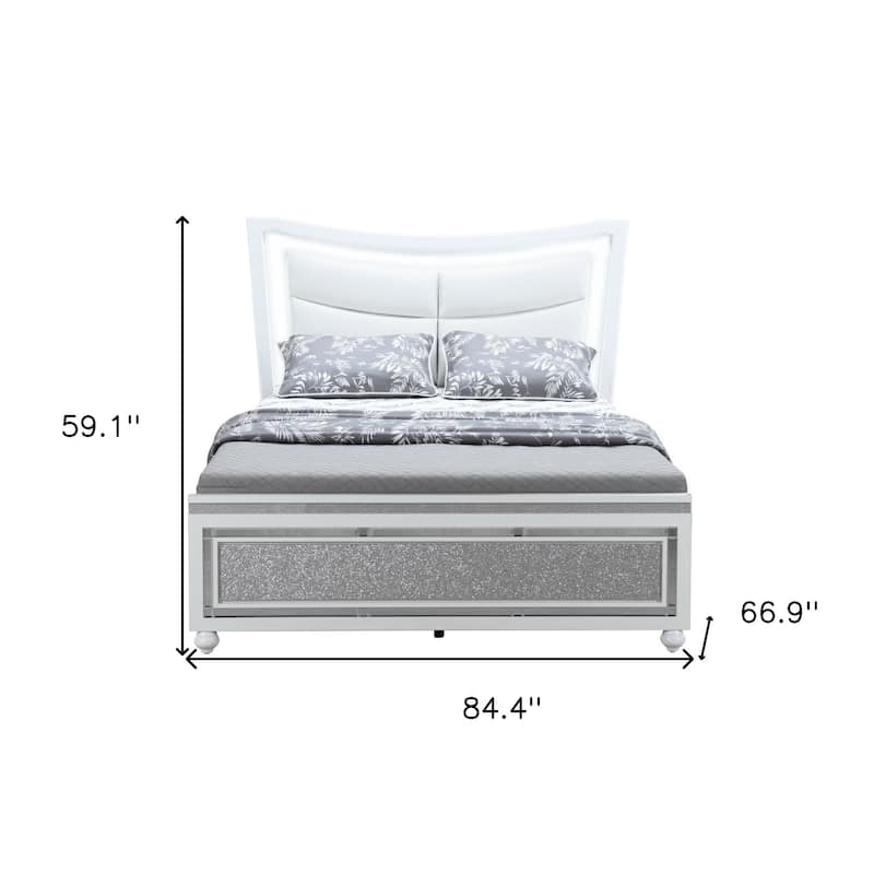 HomeRoots White And Silver and White Faux Crystal Bling Wood And Upholstery Lighted Queen Bed Frame