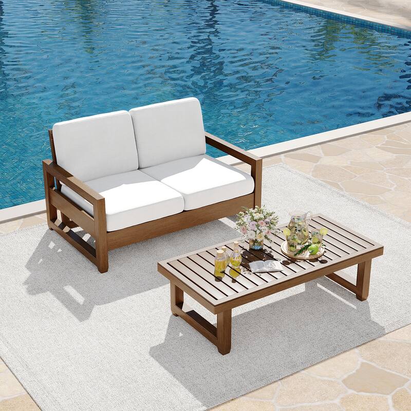 Teak Loveseat Patio Set with Cushions and Table (2-Piece)