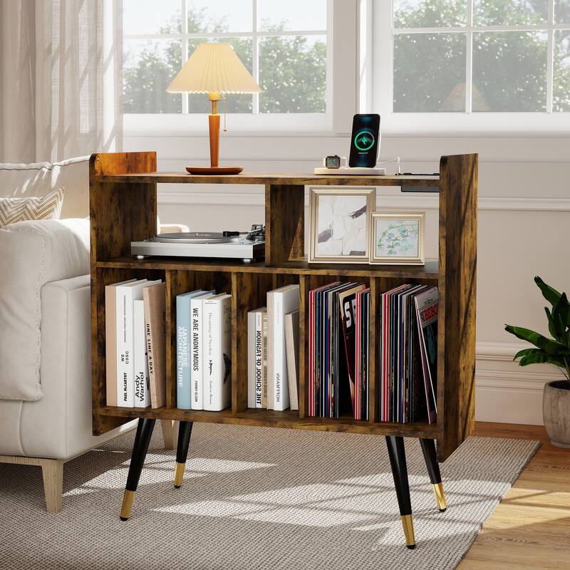 Retro Vinyl Stand with Charging Hub, Record Player Stand with Power Outlet and USB Ports