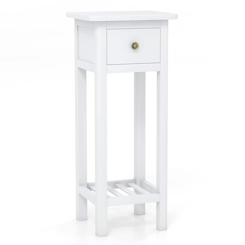 2 Tier Vintage Acacia Wood Side End Table with Drawer and Shelf for Living Room or Bedroom Use - 16" x 16" x 35" (L x W x H)