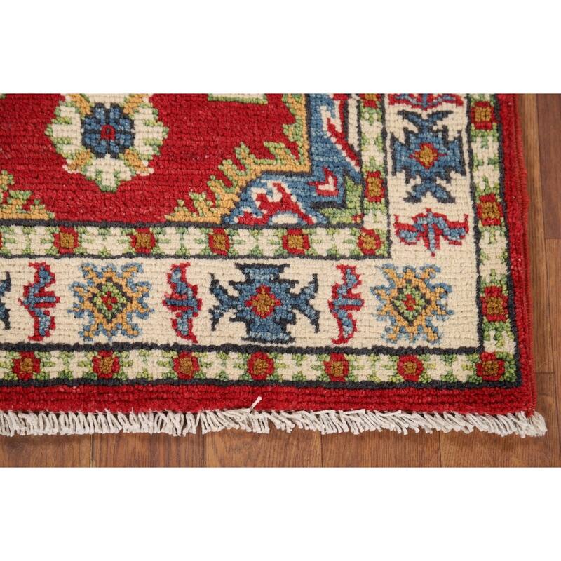 Red Kazak Foyer Rug Hand-Knotted Geometric Wool Carpet - 2'0" x 3'2"