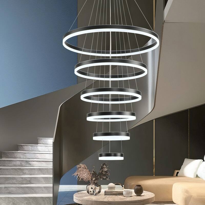 Modern Ring LED Chandelier Ring Adjustable Ceiling Light with Remote Control for High Ceilings