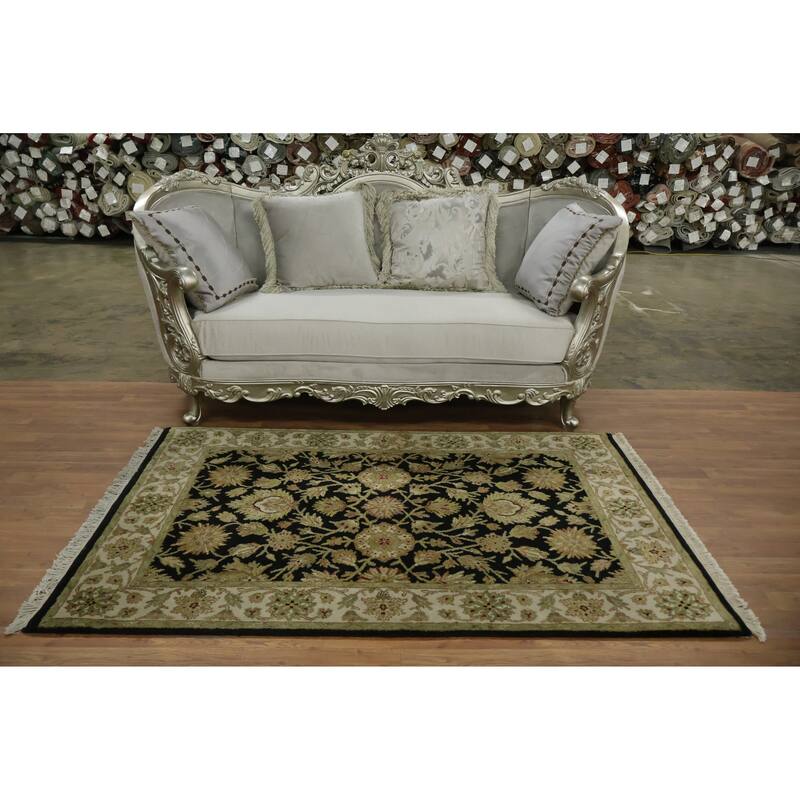 Hand Knotted Oriental 100% Wool Carpet Traditional Floral Black Agra Area Rug - 6' 4'' X 4' 1''