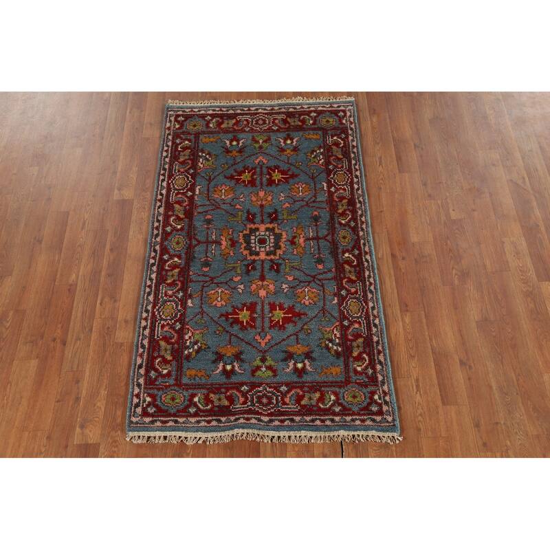 Blue Floral Oushak Indian Accent Rug Handmade Wool Carpet - 2'10"x 4'11"